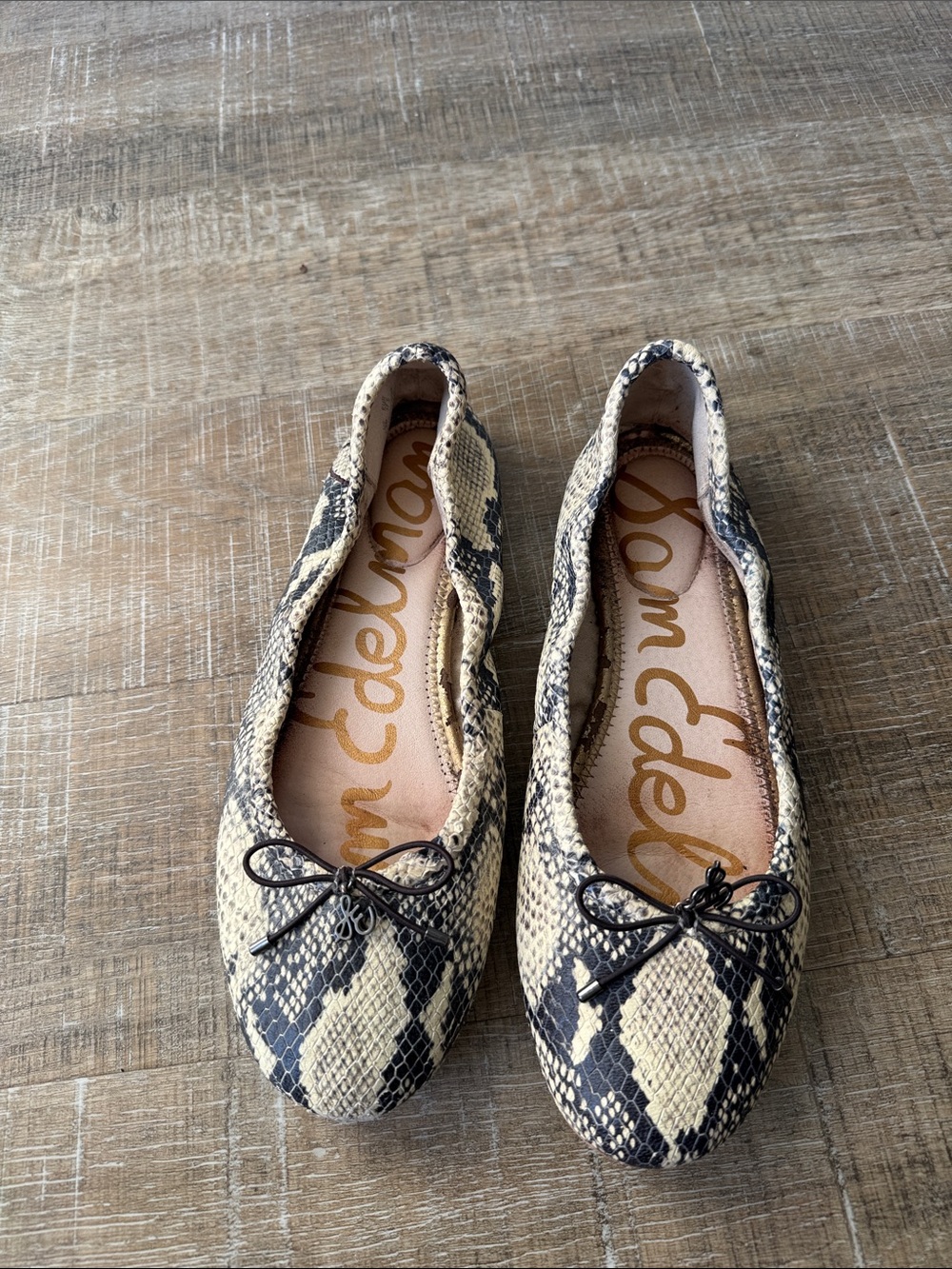 Sam Edelman Beige and Black Snake-Print Ballet Flats with Bow